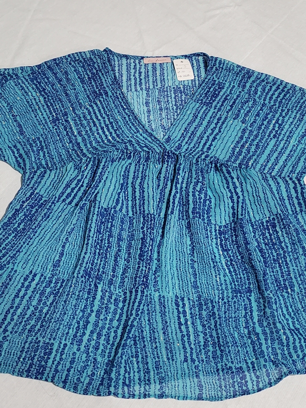 Vintage Style Ces Femme Sheer Blue Patterned Babydoll Blouse with Bell Sleeves